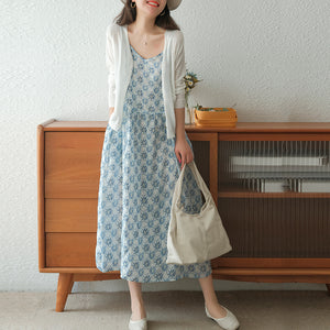 Đầm liền linen hai dây cổ V in hoa lá - NU7071