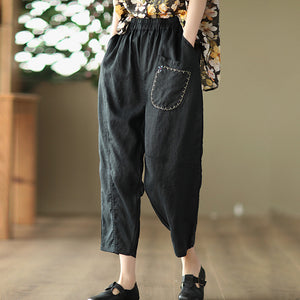 Quần baggy linen lưng thun ba túi thêu hoa lá - NU6815