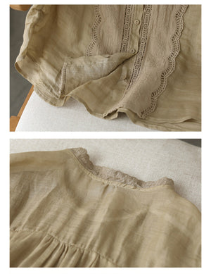Áo sơ mi linen ngắn tay thêu ren bông tuyết - NU8610