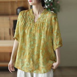 Áo sơ mi linen ngắn tay cổ V khuy đôi in hoa lá - NU8578