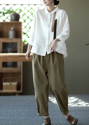 Áo sơ mi linen dài tay cổ đức may hai dải vải  - NU6717