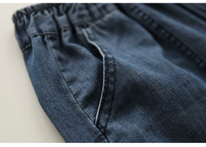 Quần baggy lửng denim lưng thun  hai túi kiểu đính màu sắc - NU8637