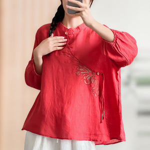 Áo sơ mi linen tay lửng cổ tàu vạt chéo thêu hoa văn - NU8280