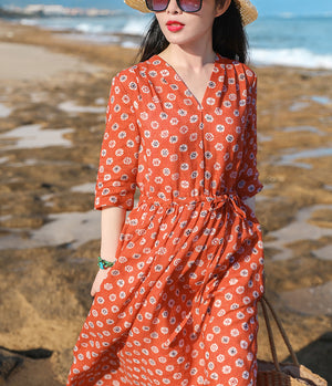 Đầm liền linen tay lửng cổ V hoa văn những vòng tròn - NU8260