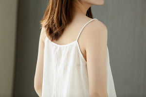 Áo T-shirt linen hai dây cổ thêu viền - NU8589