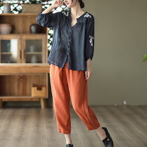 Áo sơ mi linen ngắn tay cổ V thêu hoa lá đối xứng - NU7526