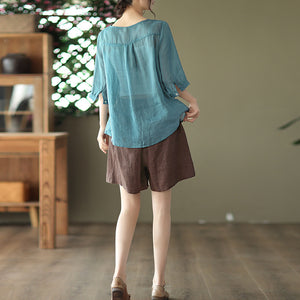 Áo sơ mi linen ngắn tay cổ V thêu ren và dây leo - NU7050
