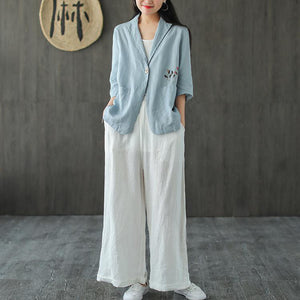 Áo khoác vest linen ngắn tay hai túi thêu nhành hoa - NU7190