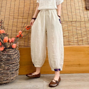 Quần baggy linen lưng thun dây rút ống túm phối vải màu - NU7154