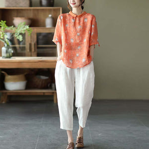 Áo sơ mi linen ngắn tay cổ pipi họa tiết hoa lá - NU6806