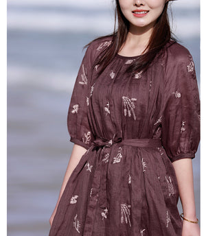 Đầm liền linen ngắn tay cổ xếp ly thêu hoa lá đơn sắc - NU8509