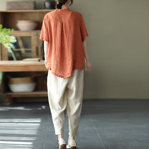 Áo sơ mi linen ngắn tay cổ đứng dây rút vạt áo - NU7016