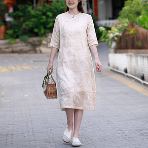 Đầm liền linen ngắn tay cổ tàu thêu hoa đơn sắc - NU8438
