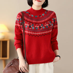 Áo len đan dài tay cổ lọ hoa văn retro trước ngực - NU8182