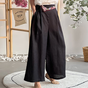 Quần baggy linen lưng cao thêu hoa văn ống rộng - NU8413