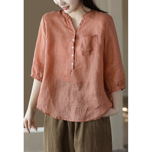 Áo sơ mi linen ngắn tay cổ V một túi vuông - NU8626