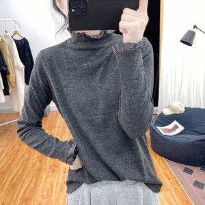 Áo T-shirt dài tay cổ lọ kiểu đính ren - NU8000