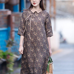Đầm liền linen ngắn tay cổ pipi khuy chéo in hoa liti - NU8277