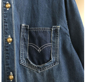 Áo sơ mi denim dài tay cổ đức form dài túi tam giác kiểu - NU8300