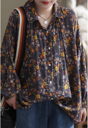 Áo sơ mi linen dài tay cổ pipi xếp ly in hoa liti  - NU6719
