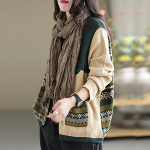 Áo khoác len cashmere dài tay cổ tròn hoa văn trừu tượng hai túi - NU7767