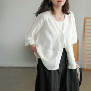 Áo sơ mi linen ngắn tay cổ V form rộng - NU5582