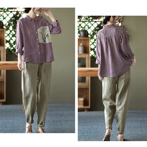 Áo sơ mi linen dài tay cổ đức thêu hoa lan  - NU6724