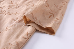 Đầm liền linen ngắn tay cổ đứng khuy lệch thêu hoa lá - NU8372