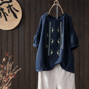 Áo sơ mi linen ngắn tay cổ tròn thêu hoa đối xứng - NU8211