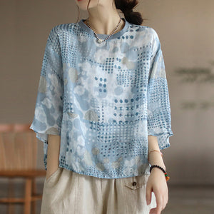 Áo T-shirt linen ngắn tay cổ tròn bo thun in hoa văn - NU7302