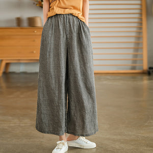 Quần baggy linen lưng thun kẻ sọc caro nhỏ ống rộng - Q258