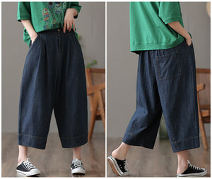 Quần baggy denim ống suông cạp cao hai túi chéo - NU7102