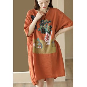Đầm liền linen ngắn tay cổ tròn in bức tranh tĩnh vật - NU8668