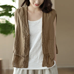 Áo sơ mi linen sát nách cổ V kiểu hai lớp túi vuông - NU8503