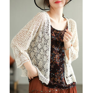 Áo khoác cardigan dệt kim ngắn tay thêu hoa lá - NU7550
