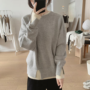 Áo len dệt kim dài tay cổ tròn xẻ kiểu hai lớp - NU7869