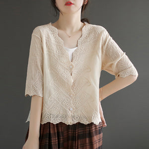 Áo khoác cardigan linen ngắn tay thêu hoa văn cổ V - NU8663