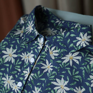 Áo sơ mi linen ngắn tay cổ đức in hoa lá bốn khuy - NU7537