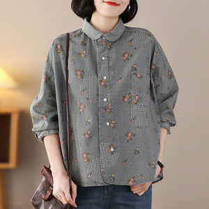 Áo sơ mi dài tay cổ pipi một túi in hoa lá vạt mullet - NU8237