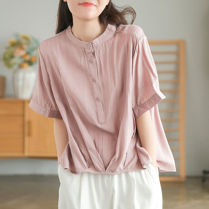 Áo sơ mi linen ngắn tay cổ tròn xếp ly tà lệch bo tròn - NU7388
