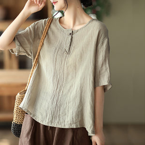 Áo T-shirt linen ngắn tay cổ tròn bốn khuy - NU7421