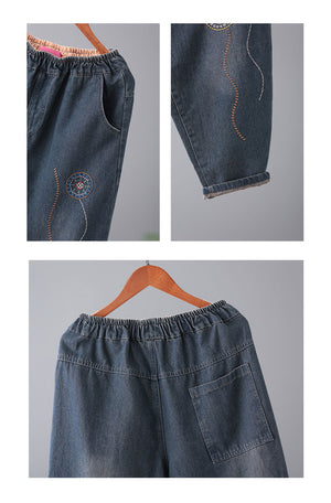Quần baggy denim lưng thun thêu vòng tròn trừu tượng - NU7787
