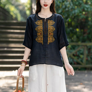 Áo sơ mi linen ngắn tay cổ tròn xẻ thêu đối xứng - NU8541