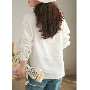 Áo sơ mi linen dài tay cổ đức thêu những chiếc lá - NU7483