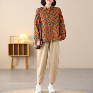 Áo sơ mi linen dài tay cổ đức in hình retro form rộng - NU8314