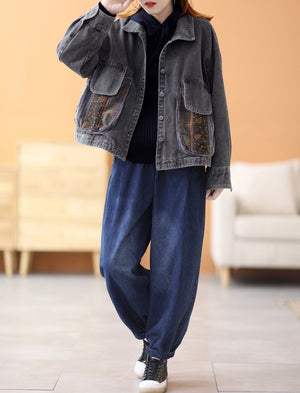 Áo khoác denim dài tay cổ đức hai túi tròn phối hoa lá - NU7893