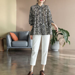 Áo sơ mi linen dài tay cổ pipi xếp ly hoa văn trừu tượng - NU6727