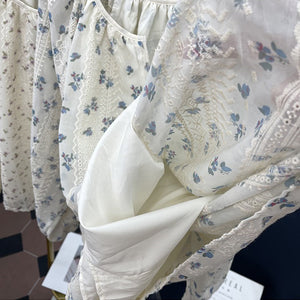 Áo sơ mi linen dài tay cổ tròn in hoa lá thêu ren hai lớp - NU8615