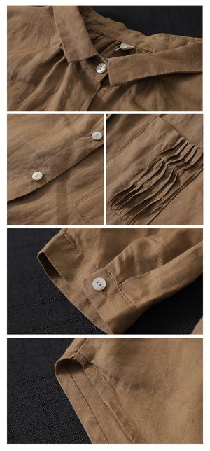 Áo sơ mi linen dài tay cổ pipi một túi xếp ly - NU6760