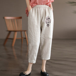 Quần baggy linen lưng thun thêu cô bé tóc xù - NU6830